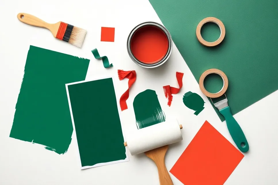 Pots de peinture, nuancier, brosses et rouleaux disposés à plat