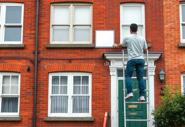 Peintre sur échafaudage traitant la façade d'une maison